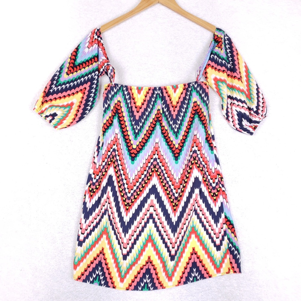NewburyKustom Chevron‎ Mini Dress Womens S Off Shoulder Puff Sleeve Multicolor